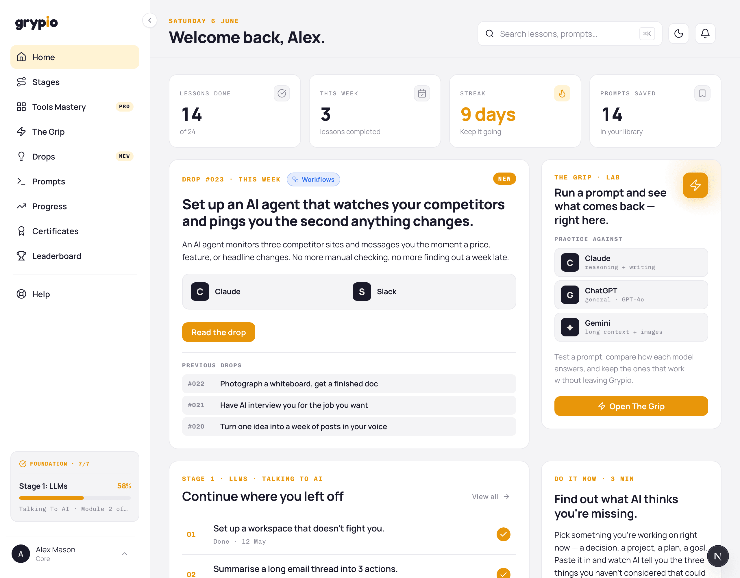 Inside grypio: the member dashboard with learning progress, a daily streak, and the latest Weekly Drop.